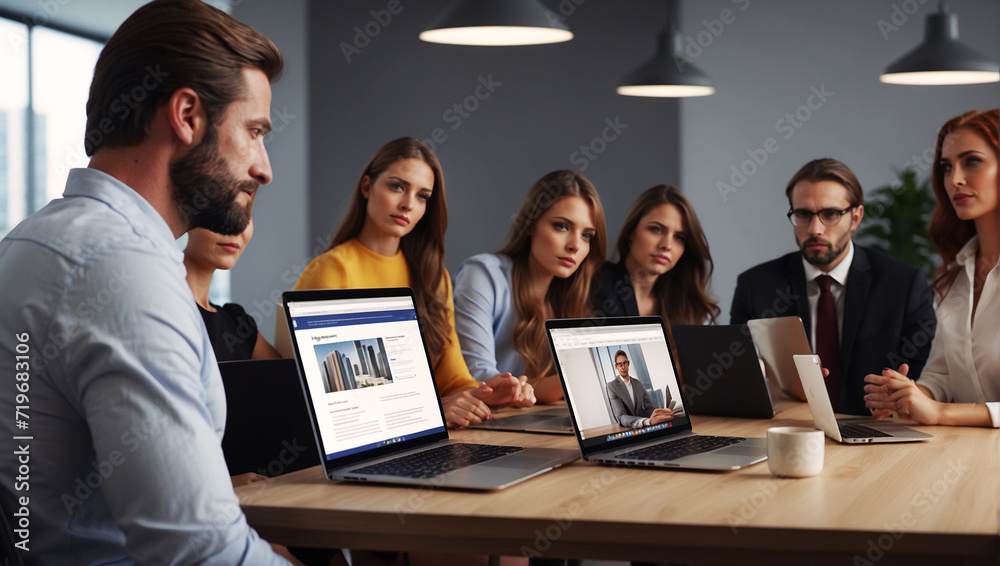A group of people makes a presentation of a project while sitting in the office behind laptops A group of people makes a presentation of a project while sitting in the office behind laptops