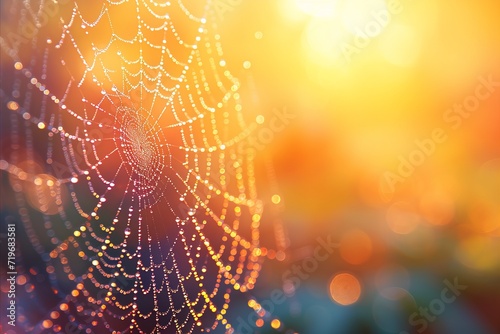 Close up of intricate patterns in a spider s web with dewdrops and sunlight illumination photo