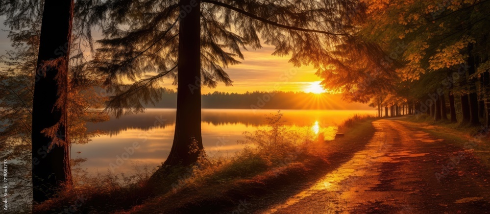 In the early morning, as the sun began to rise, its golden rays illuminated the serene lake, casting a mesmerizing silhouette against the backdrop of a winding road.