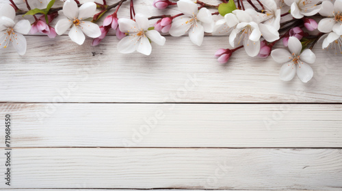 spring flowers on rustic white wooden table texture top view with copy space