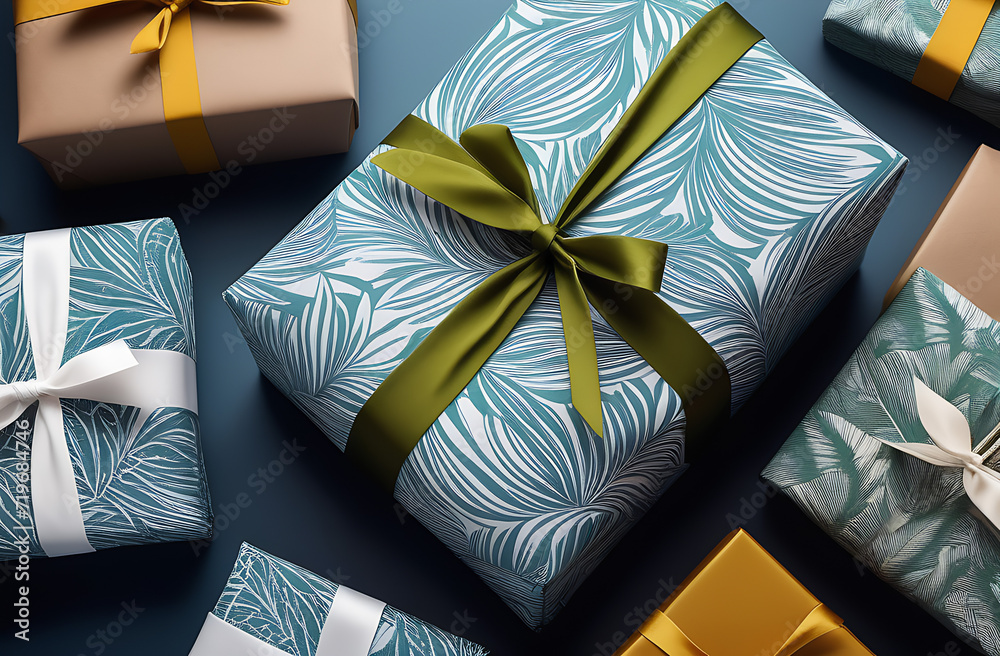 Gifts wrapped in reusable fabric wraps or furoshiki, promoting a zero ...