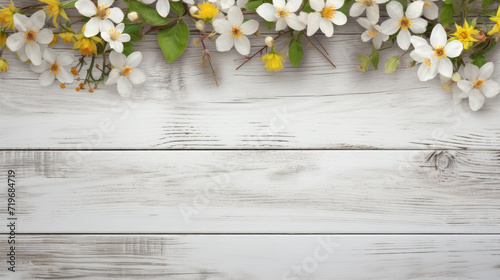 spring flowers on rustic white wooden table texture, top view with copy space © vrozhko