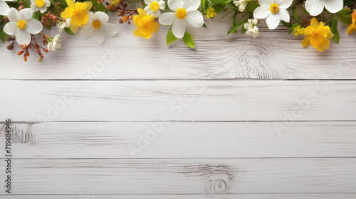 spring flowers on rustic white wooden table texture, top view with copy space © vrozhko