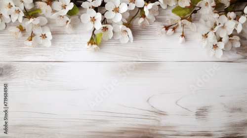spring flowers and petals  on rustic white wooden table texture, top view with copy space photo