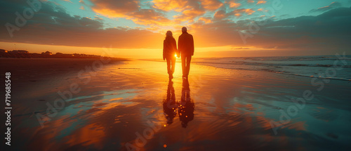 an elderly couple[on an empty beachin the early morning.  photo