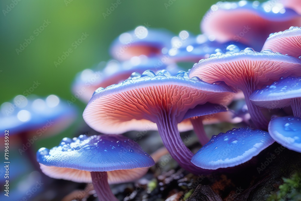 Fungus Fungi on Tree bark Stomp, closeup macro shot with bokah, bokeh, slime drops poison sticky substance alien surface calm, beautiful, White Orange baby blue, green mossy net Fungus Fungi on Tree bark Stomp, closeup macro shot with bokah, bokeh, slime drops poison sticky substance alien surface calm, beautiful, White Orange baby blue, green mossy net