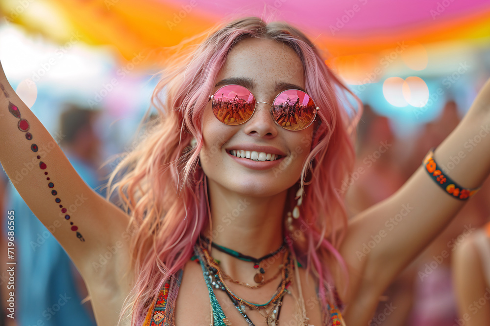 Beautiful young woman with sunglasses and pink hair at a music festival