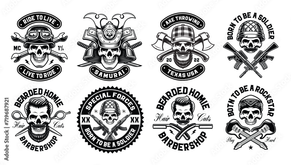 A set of black and white vector skulls in vintage style