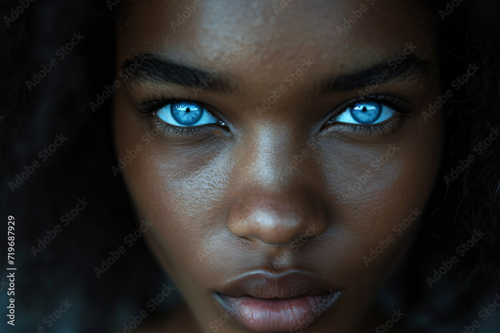 Portrait of a beautiful black woman with ice-blue eyes Portrait of a beautiful black woman with ice-blue eyes