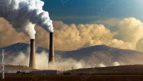 Usine de production d'énergie géothermique ou d'une usine de production d'énergie verte générant de la vapeur d'eau à partir de ses cheminées. photo