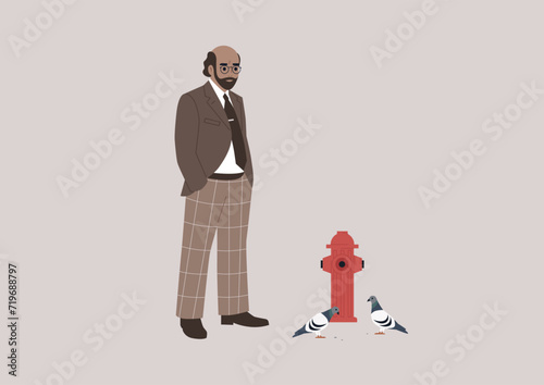 A balding university professor, clad in a classic jacket and trousers, deeply contemplates something while observing pigeons on the street