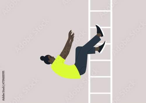 A young character tumbling from a ladder serves as a metaphor for a setback on the professional journey, symbolizing a stumble on the path to success