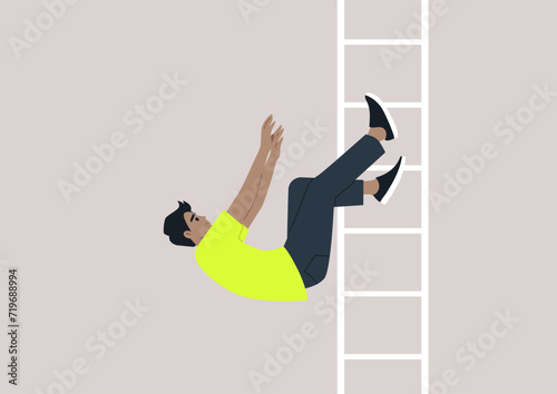 A young character tumbling from a ladder serves as a metaphor for a setback on the professional journey, symbolizing a stumble on the path to success