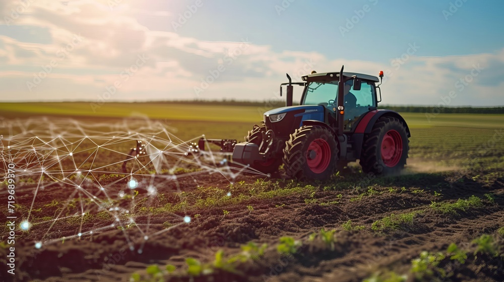 Autonomous remote controlled agricultural tractor on the field. Digital ...