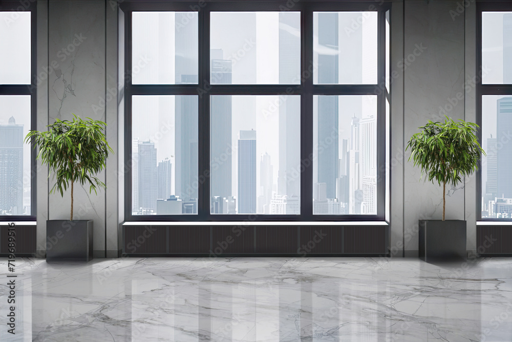 Contemporary empty interior with marble walls and big window. 3d render, mock up for furniture placement
