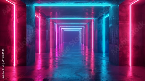 Background of an empty room with walls and neon light. Neon rays and glow. 3D rendering