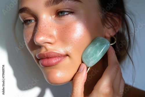 Young woman using a jade roller on her face during skin wellness and relaxation session