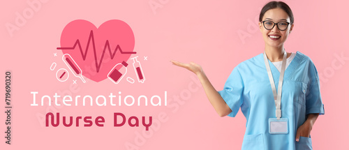 Banner for International Nurse Day with Female medical worker on pink background photo