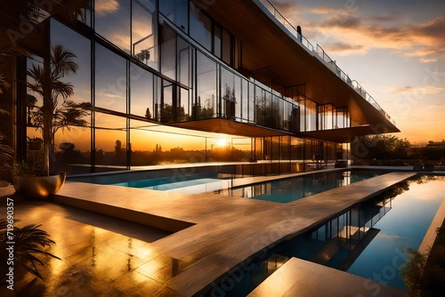 Sunset casting a golden hue over a sleek duplex with swimming pool, emphasizing the shimmering reflections on the pool's surface and the duplex's glass balconies.