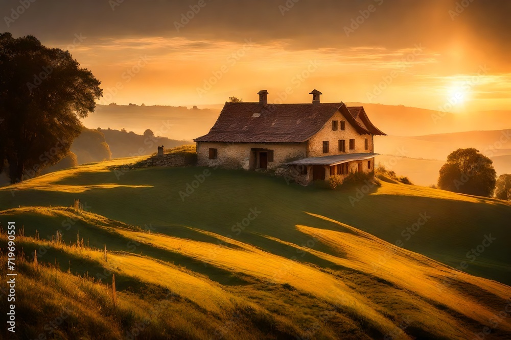 Sun's first rays peeking over the horizon, illuminating a farmhouse on top of a majestically beautiful hill,  its vintage charm and timeless beauty.