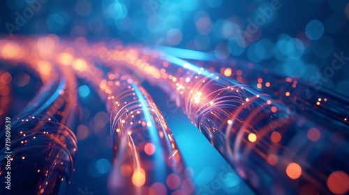 Network cables and optical fibers with lights in the ends. Blue background.  photo