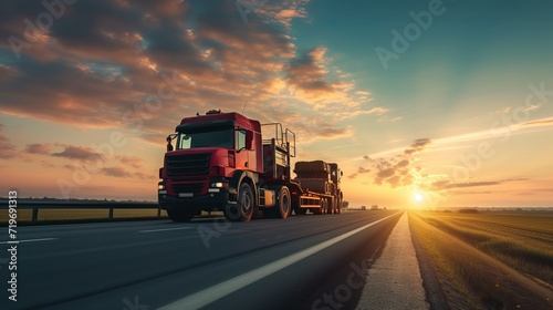 POV heavy industrial truck semi trailer flatbed platform transport two big modern farming tractor machine on common highway road at sunset sunrise sky. Agricultural equipment transportation service