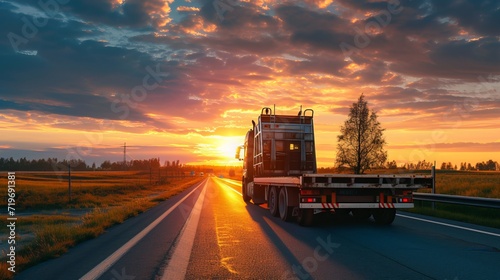 POV heavy industrial truck semi trailer flatbed platform transport two big modern farming tractor machine on common highway road at sunset sunrise sky. Agricultural equipment transportation service photo