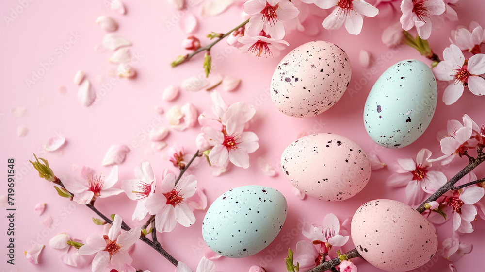 Beautiful Easter background with decorated pink and blue eggs and blooming cherry branches on pink background with copy space, symbol of happy Easter