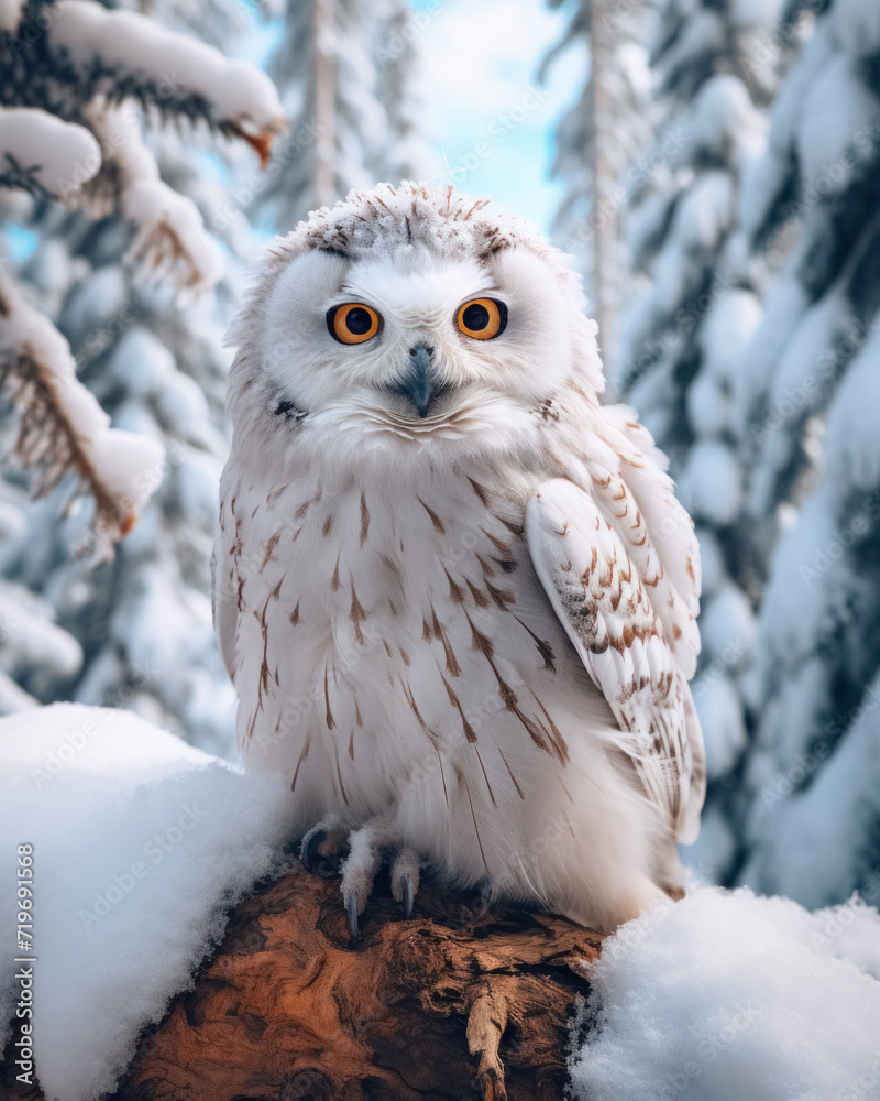 Fototapeta premium Portrait bird of prey, white snowy owl, sitting full body on tree branch in forest cowered snow and looking at camera
