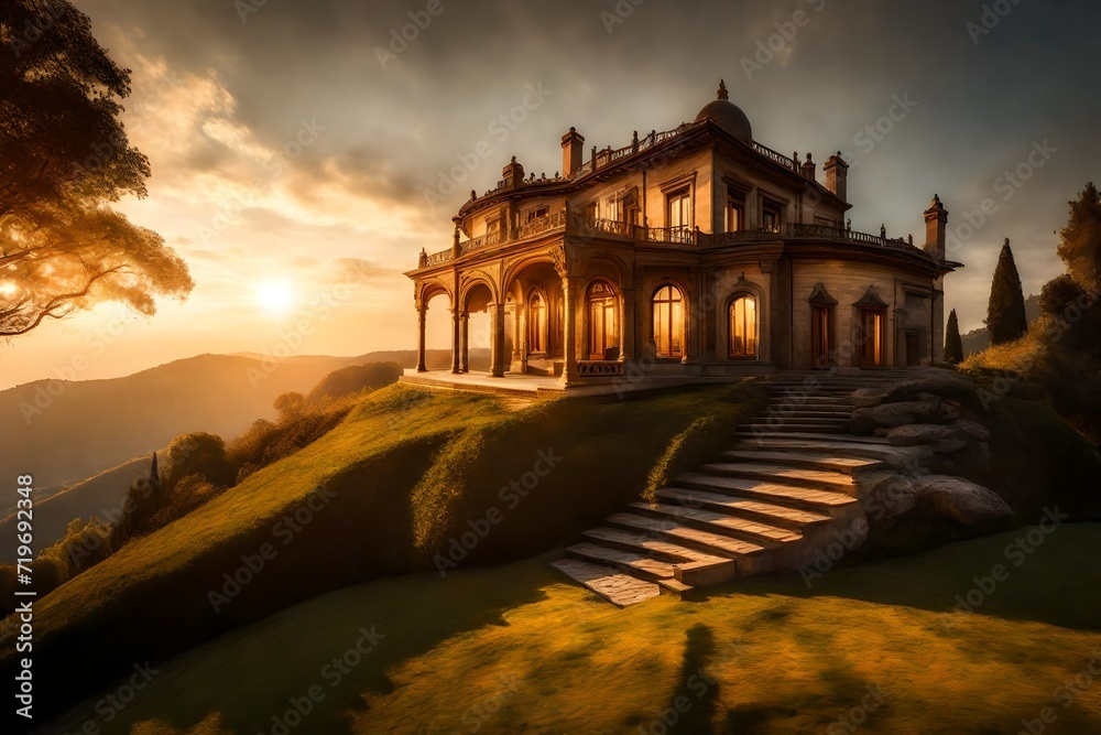 Fototapeta premium The first rays of sunrise casting a golden embrace upon a villa on top of a majestically beautiful hill, illuminating its intricate architectural details.