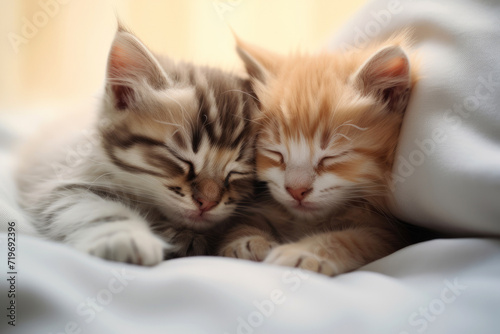 Two small kittens sleeping together on the white bed