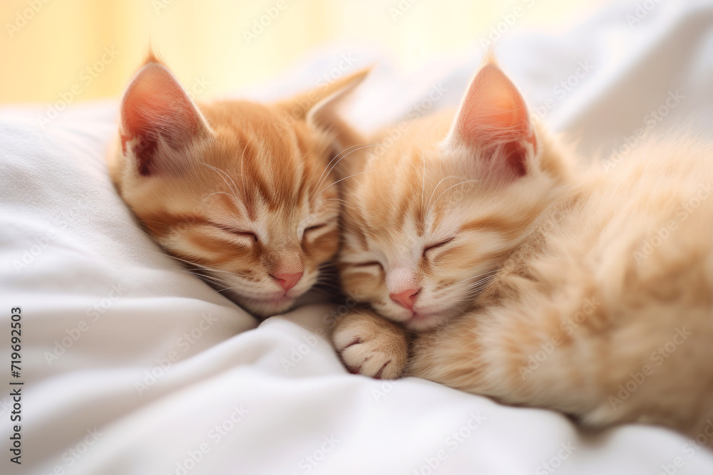 Two small kittens sleeping together on the white bed Two small kittens sleeping together on the white bed
