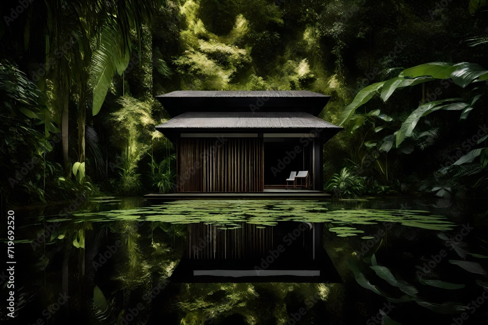 The interplay of light and shadow on a bungalow's facade in a lush green jungle, with a pond nearby reflecting the dense canopy overhead. The interplay of light and shadow on a bungalow's facade in a lush green jungle, with a pond nearby reflecting the dense canopy overhead.