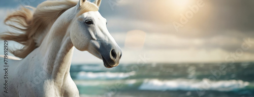 White horse with flowing mane on a beach against cloudy sky. The majestic horse on a shoreline  its mane billowing  evokes freedom and strength