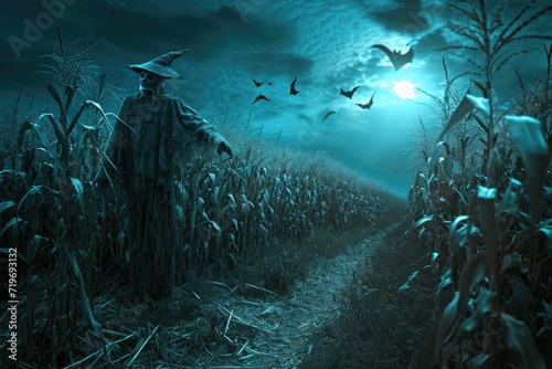 A haunted cornfield with scarecrows and eerie lighting, creating a spooky atmosphere photo