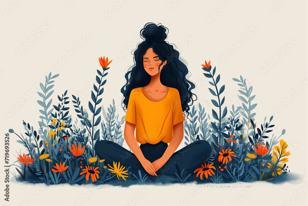 Serene Woman Amidst a Field of Wildflowers. A tranquil image capturing a young woman sitting in contemplation, surrounded by a vibrant and colorful meadow of wildflowers. Serene Woman Amidst a Field of Wildflowers. A tranquil image capturing a young woman sitting in contemplation, surrounded by a vibrant and colorful meadow of wildflowers.