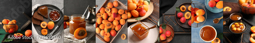 Collage of sweet apricots and tasty jam on table