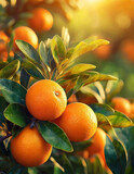 Dojrzałe owoce Pomarańczy w ogrodzie. Generative AI