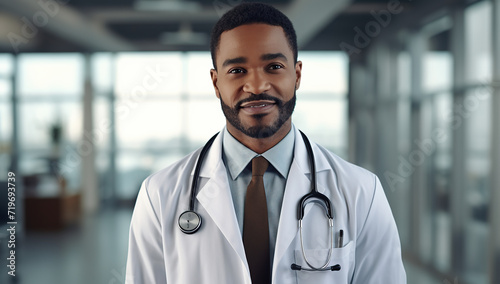 handsome black male doctor with stethoscope and white jacket	