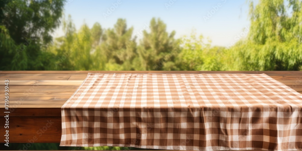 Tablecloth-covered wooden deck table with ample space for your text.