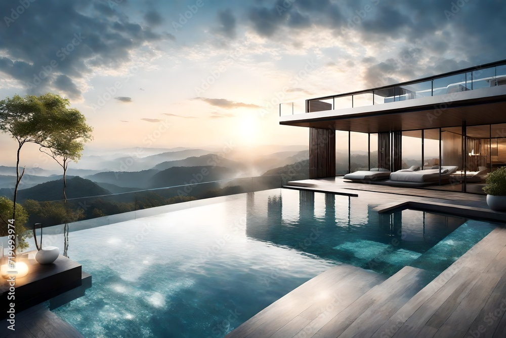 The shimmering pool of an apartment on top of a majestically beautiful hill, where residents can swim amidst the clouds, surrounded by panoramic views The shimmering pool of an apartment on top of a majestically beautiful hill, where residents can swim amidst the clouds, surrounded by panoramic views