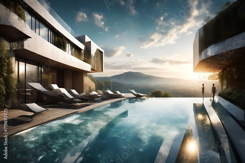 The shimmering pool of an apartment on top of a majestically beautiful hill, where residents can swim amidst the clouds, surrounded by panoramic views