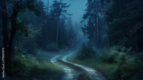Nighttime scene of a misty forest  dark theme. with a road leading in to the forest