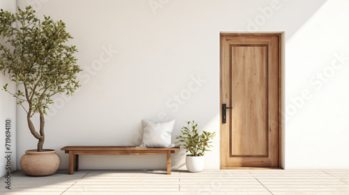 front door White wall and wooden bench © enshal