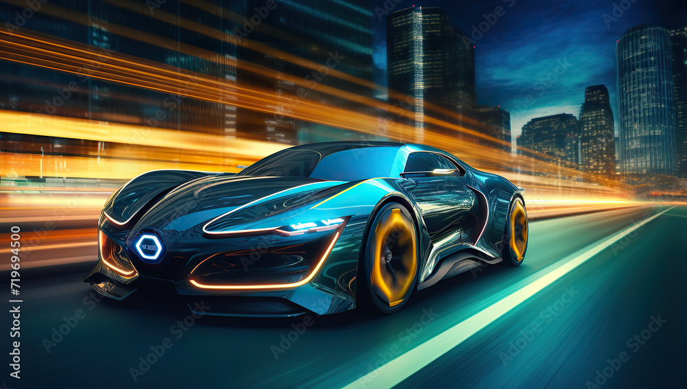the futuristic elan concept car driving along a city road at night time, in the style of vray tracing	