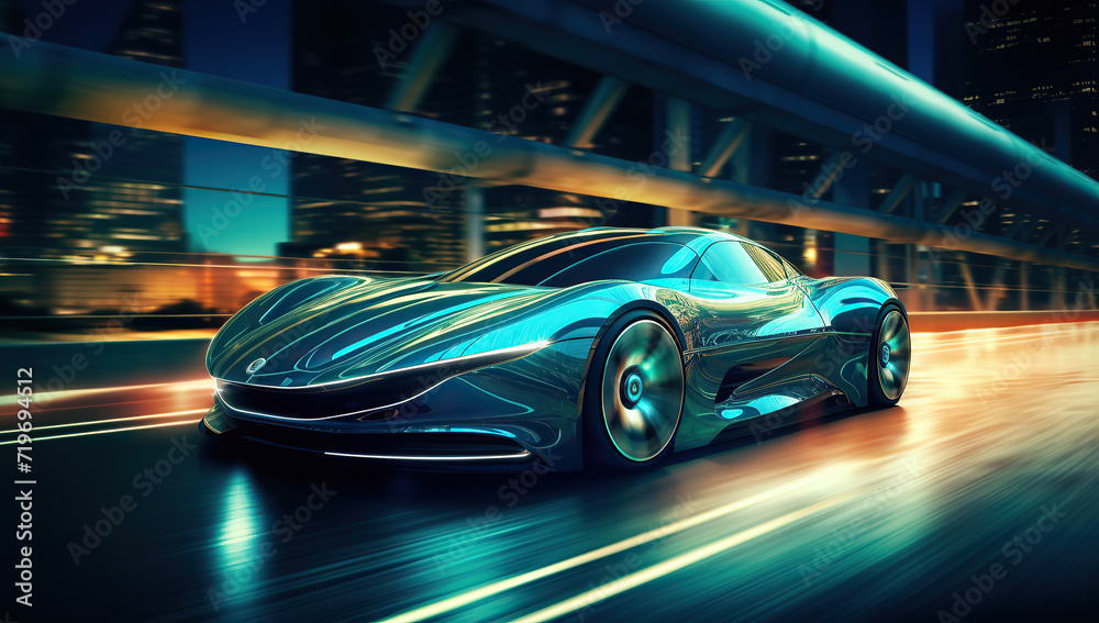 the futuristic elan concept car driving along a city road at night time, in the style of vray tracing	
