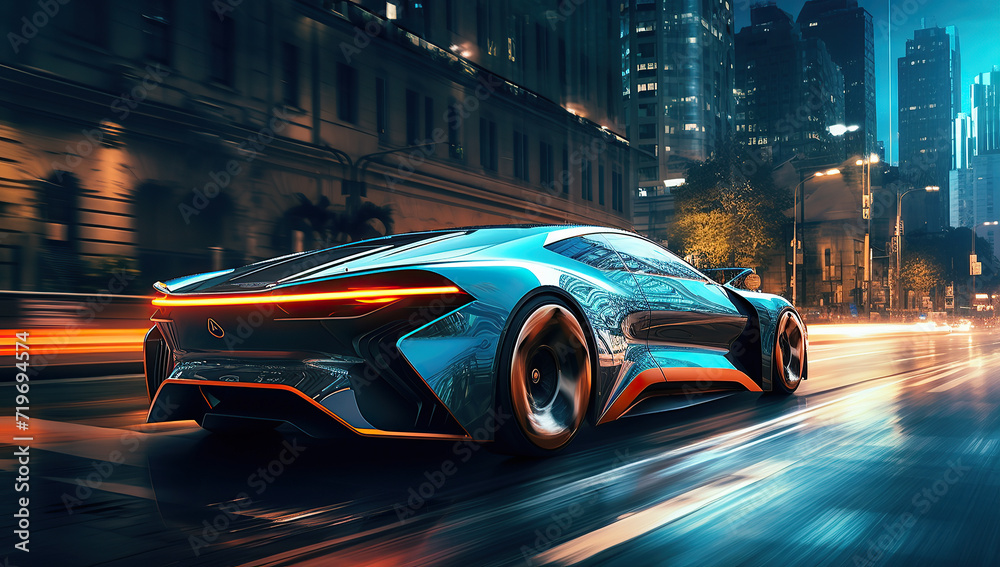 the futuristic elan concept car driving along a city road at night time, in the style of vray tracing	
