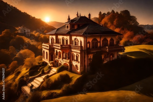 The warm glow of sunset casting long shadows on a duplex on top of a majestically beautiful hill, intricate architectural details and serene surroundings
