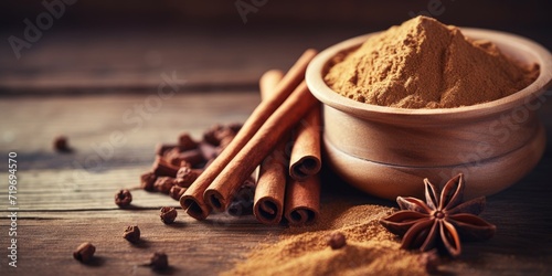 Cinnamon sticks are decorated on a wooden table with cinnamon powder, bringing health benefits.