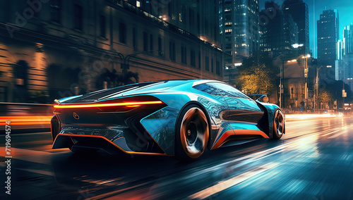 the futuristic elan concept car driving along a city road at night time, in the style of vray tracing 